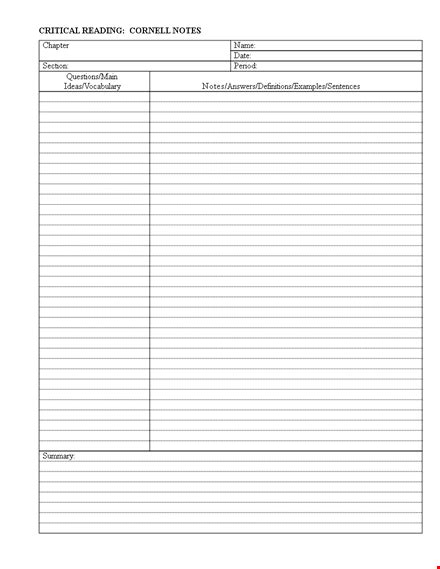 Cornell Notes Template Organize Critical Reading Notes By Chapter