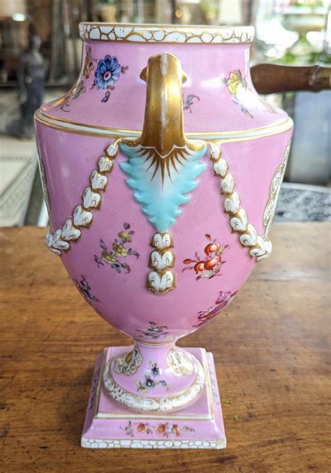 Antique Signed Dresden Porcelain Urn Vase In Pink Gilded Handles