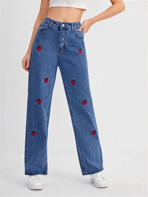 High Waist Strawberry Embroidery Jeans Strawberry Clothing Crop Top