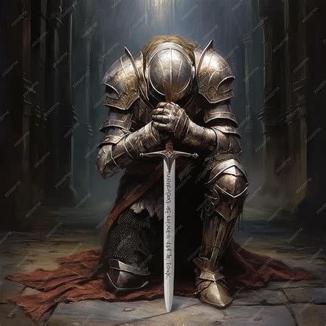 Arafed knight kneeling on the ground with a sword in his hand