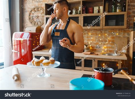 Nude Man Apron Cooking Dessert Cream Stock Photo Edit Now 1517048120