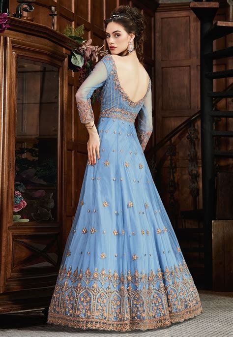 Light Blue Net Embroidered Ankle Length Anarkali Suit