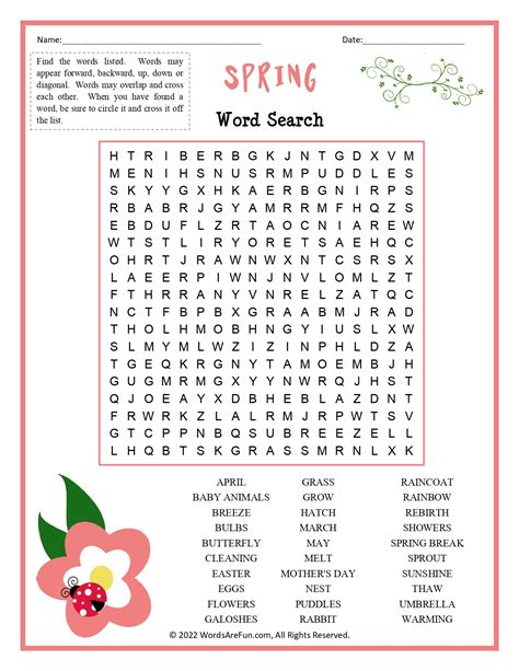 Free Spring Word Search For Kids
