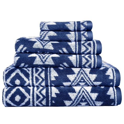 Diamond Zen 6 Piece Navy Peony Jacquard Cotton Bath Towel Set