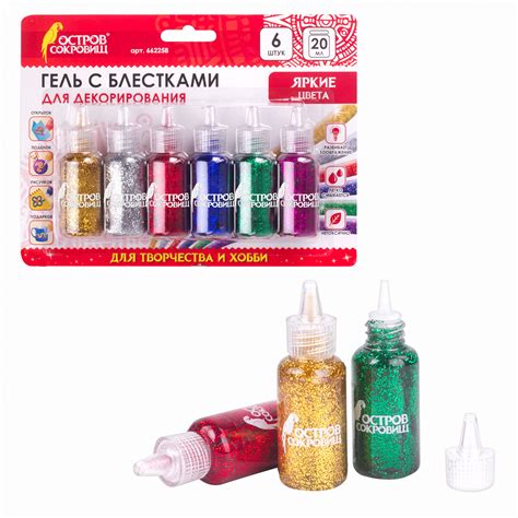 Гель с блестками Остров Сокровищ для декора и творчества 6 ярких цветов ...