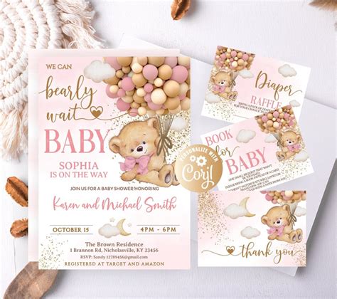 Editable Girl Pink Bear Hot Air Balloon Baby Shower Set Etsy