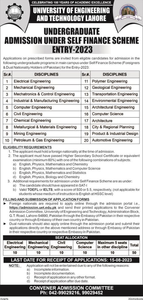 University Of Engineering And Technology UET Admission 2024