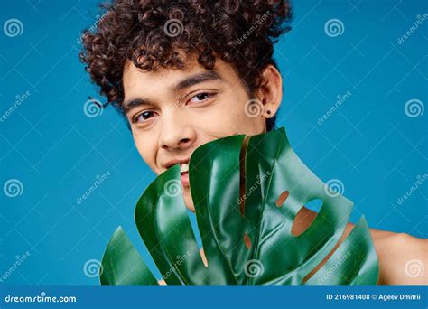 Handsome Man With Curly Hair Naked Shoulders Green Leaf Clear Skin Stock Photo Image Of Face