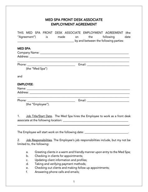Medical Spa Front Desk Associate Employment Agreement Contract Template