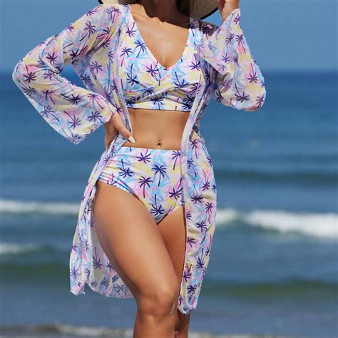 Clearance Rciityk Piece Swimsuits For Women Boho Hawaiian Long Sleeve Cover Up Bikini Set