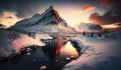 Premium AI Image | winter mountain at sunrise norway