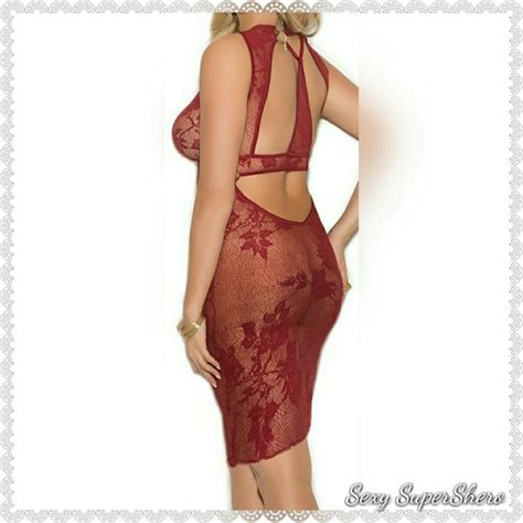 Sexy Supershero Intimates Sleepwear Burgundy Leaves Lace Lingerie Dress Keyhole Fron