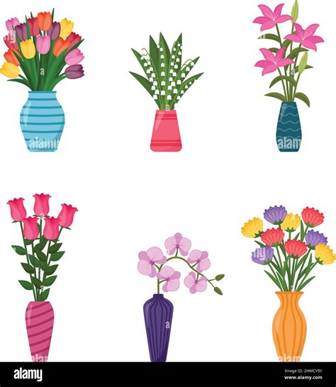 Set Of Vases With Flowers Collection Of Flower Bouquets In Vases