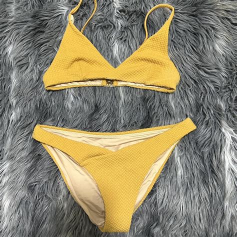 Boho Style Textured Yellow Bikini Set Depop