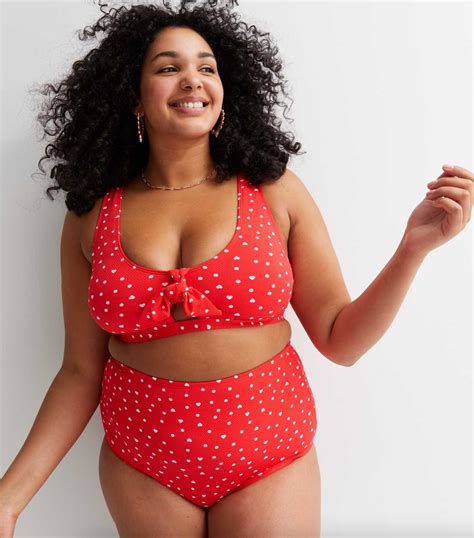 New Look Curves Red Spot Tie Front Crop Bikini Top