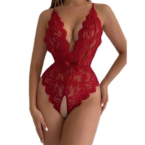 Lingerie Sexy En Dentelle Babydoll Avec String Dentelle Col V Nuisette Sexy Transparent Robe De