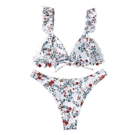 Bikini Femmes fleur imprimé taille haute col en V deux pièces maillot de bain maillot de bain
