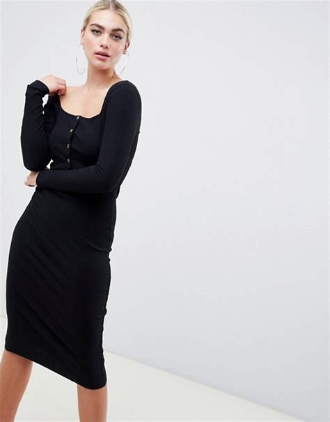 Asos Design Long Sleeve Rib Bodycon Midi Dress With Faux Horn Buttons