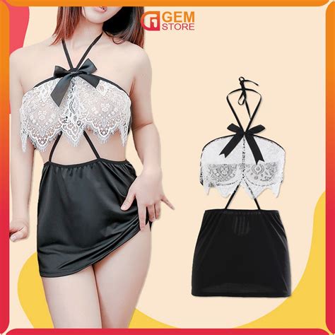 Jual Baju Tidur Lingerie Wanita Set Cosplay Gaun Mini Halter Seksi Dewasa Dress Wanita Set