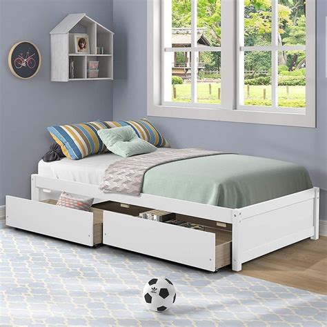 ANBAZAR White Twin Size Wood Kids Platform Bed with 2-Drawers, Kids ...