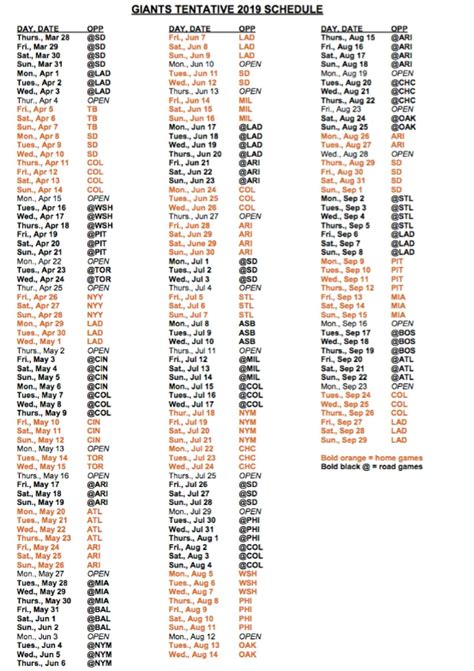 Sf Giants Schedule 2019 Printable