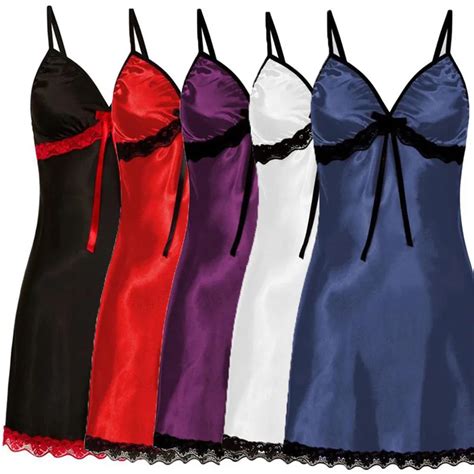 Women Sexy Lingerie Porno Sleepwear Sleep Dress Lace Silk Satin Nightdress Sleeveless Nighties V