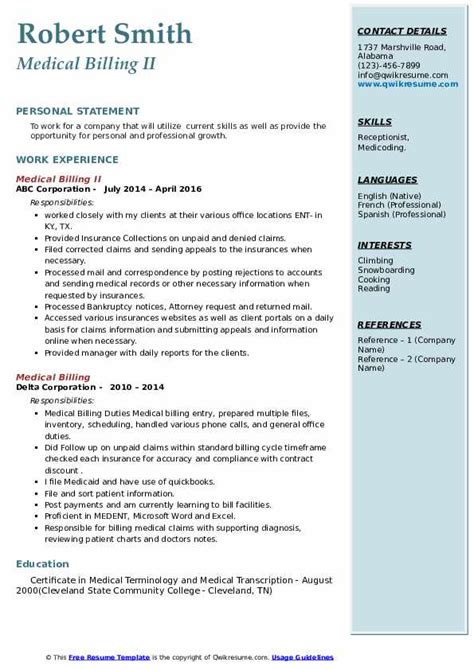 Medical Billing Resume Samples Qwikresume