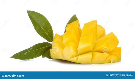 Ripe Fresh Mango Fruit And Slices And Leaves On A White Isolated