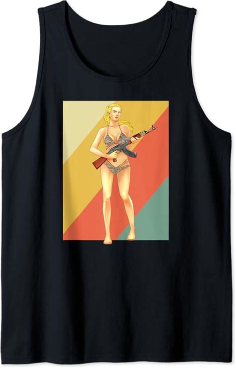 Amazon Assault Rifle Bikini Girl Pin Up Art Machine Gun Girl Tank Top Clothing Shoes