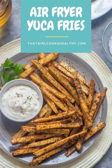 Air Fryer Yuca Fries On A Grey Plate With A Creamy Dip Cassava Fries