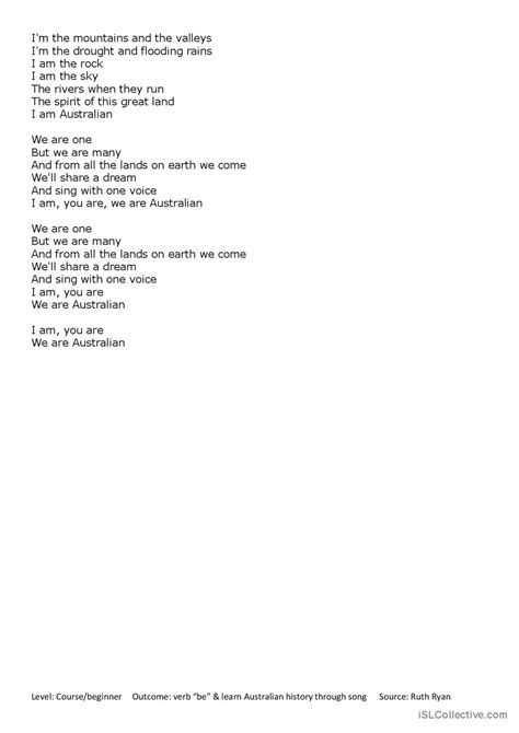 I Am Australian Song And Nursery Rh English Esl Worksheets Pdf And Doc