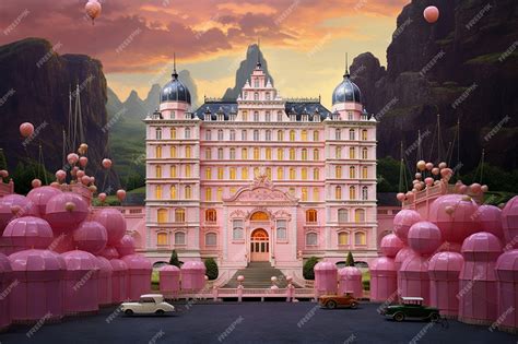 Premium Ai Image A Painting Of A Hotel With A Mountain In The Background