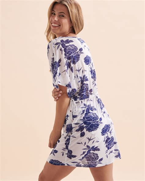 TURQUOISE COUTURE Short Sleeve Mesh Tunic Blue Floral Bikini Village