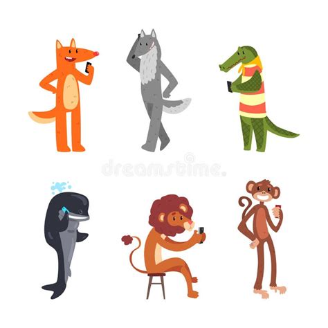 Wild Animals Using Modern Gadgets and Mobile Device Vector Set Stock ...