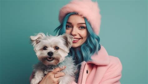 Une jolie femme blonde et un chiot partagent des plaisirs hivernaux générés par l IA Image