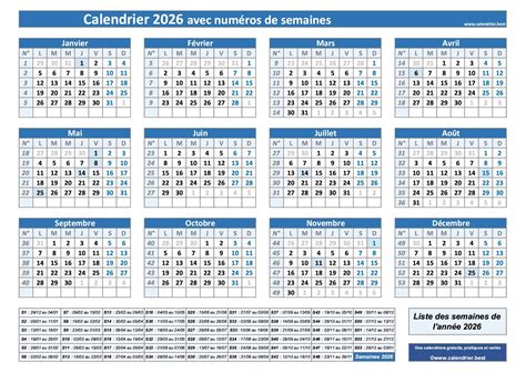 Numéro De Semaine 2026 Liste Dates Et Calendrier 2026 Avec Semaine