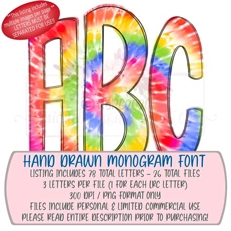 Tie Dye Monogram Doodle Font Hand Drawn Printable Png Etsy Uk