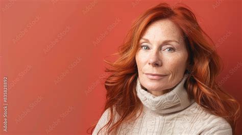 Confident Mature Woman With Red Hair Studio Portrait On Colorful Background Vibrant Portrait