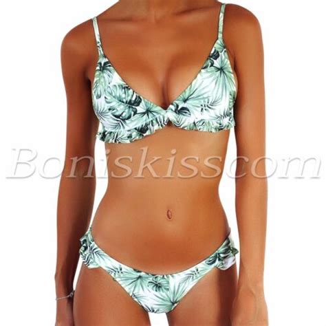 Women Falbala Leaves Print Bikini Set Push Up Padded Swimwear Swimsuit