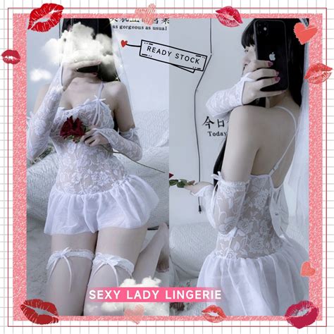 READY STOCK Sexy Lingerie Cosplay Bride Wedding Costume Style Lace Dress Set Temptation Shopee