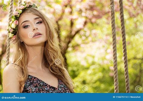 Attractive Blonde Girl In Blooming Garden Stock Photo Image Of Adult Green 116675114