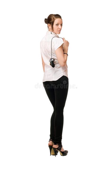 Ragazza Splendida Del Brunette Con Una Barra Di Comando Immagine Stock Immagine Di Giocatore