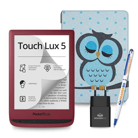 Комплект четец PocketBook Touch Lux 5 Червен, Калъф Бухал, 5 части ...