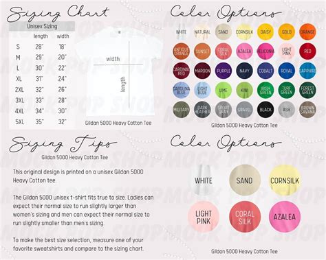 Gildan 5000 Editable Size Chart Color Chart Bundle Etsy