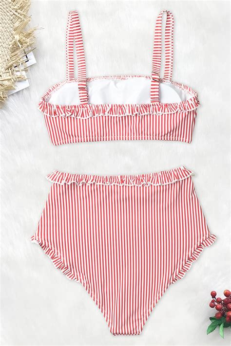 Red And White Stripe High Waisted Bikini