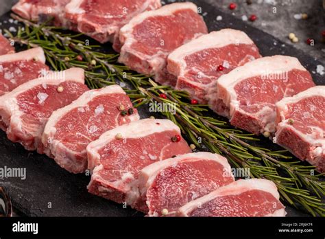 Fresh Lamb Back Fillet Raw Lamb Fillet On Dark Background Butcher