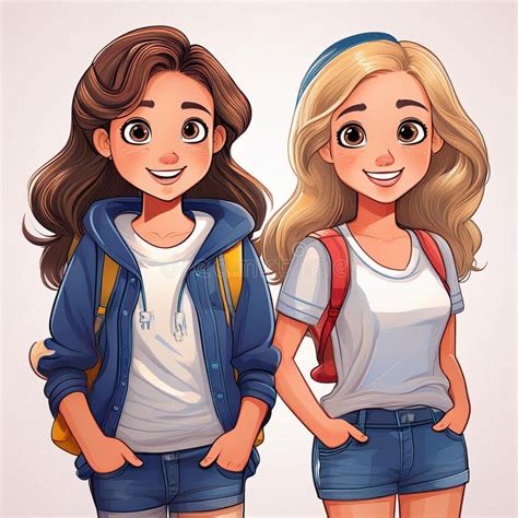 Two Girls Blonde And Brunette Posing For A Photo Stock Illustration Illustration Of Brunette
