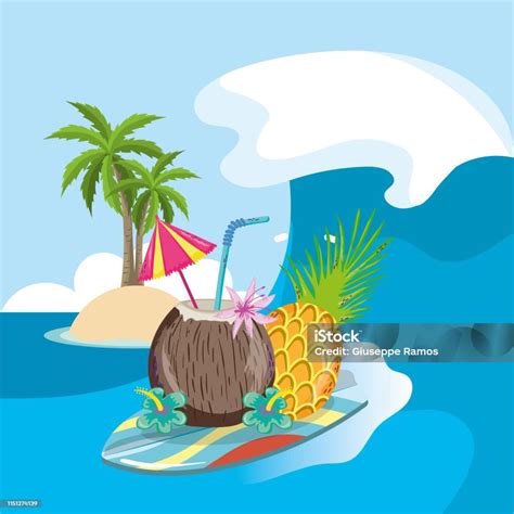 Kartun Tema Pemandangan Pantai Tropis Ilustrasi Stok - Unduh Gambar