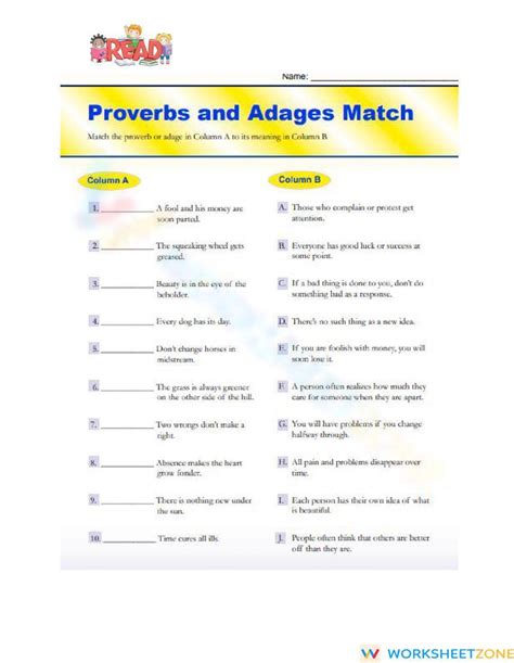 Proverbs And Adages Match Worksheetzone