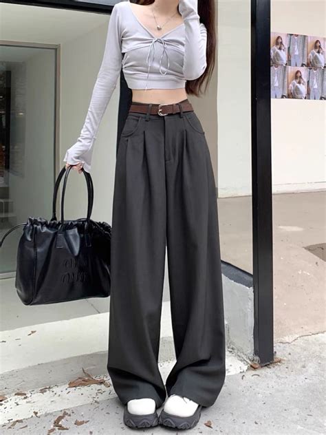 Grey Wide Leg Suit Pants Womens Fashion Bottoms Other Bottoms On